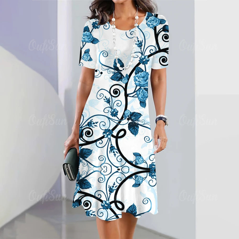Artistic Floral-print Short-sleeve Outfit Elegant Loose-fitting Dress