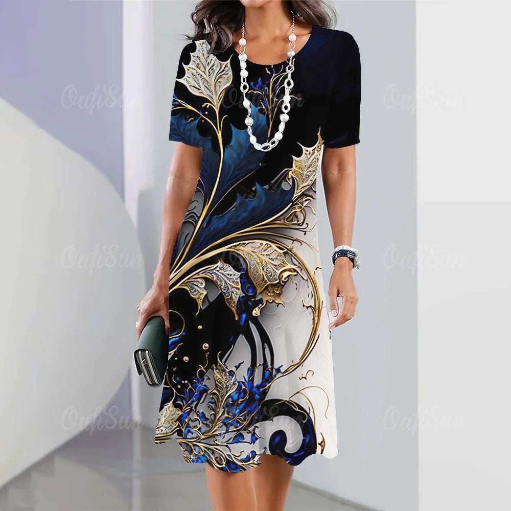Artistic Floral-print Short-sleeve Outfit Elegant Loose-fitting Dress