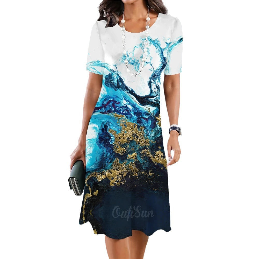 Artistic Floral-print Short-sleeve Outfit Elegant Loose-fitting Dress