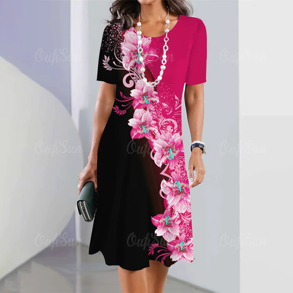 Artistic Floral-print Short-sleeve Outfit Elegant Loose-fitting Dress