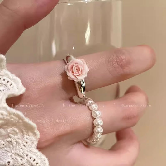 Womens Vintage Minimalist Versatile French-Style Rose Pearl Ring