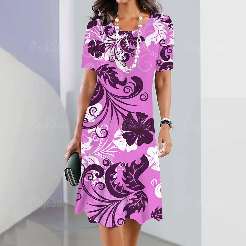 Artistic Floral-print Short-sleeve Outfit Elegant Loose-fitting Dress