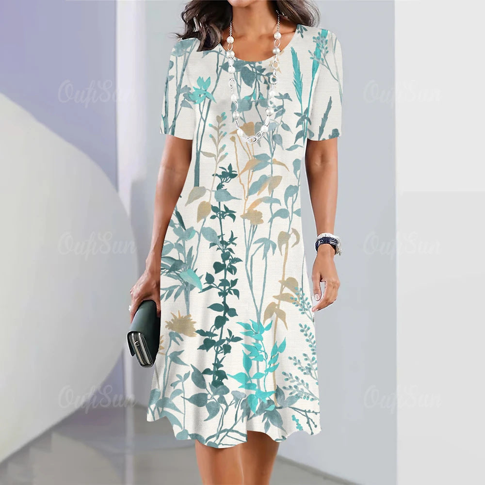 Artistic Floral-print Short-sleeve Outfit Elegant Loose-fitting Dress