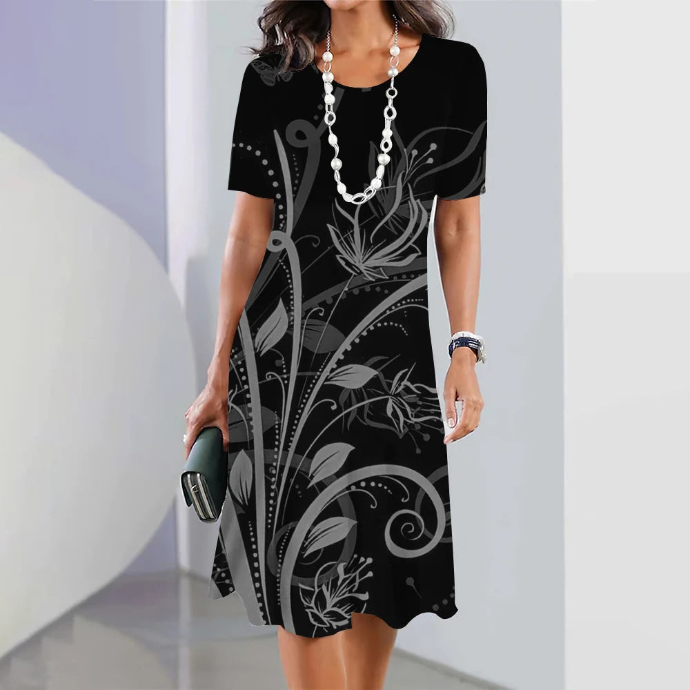 Artistic Floral-print Short-sleeve Outfit Elegant Loose-fitting Dress