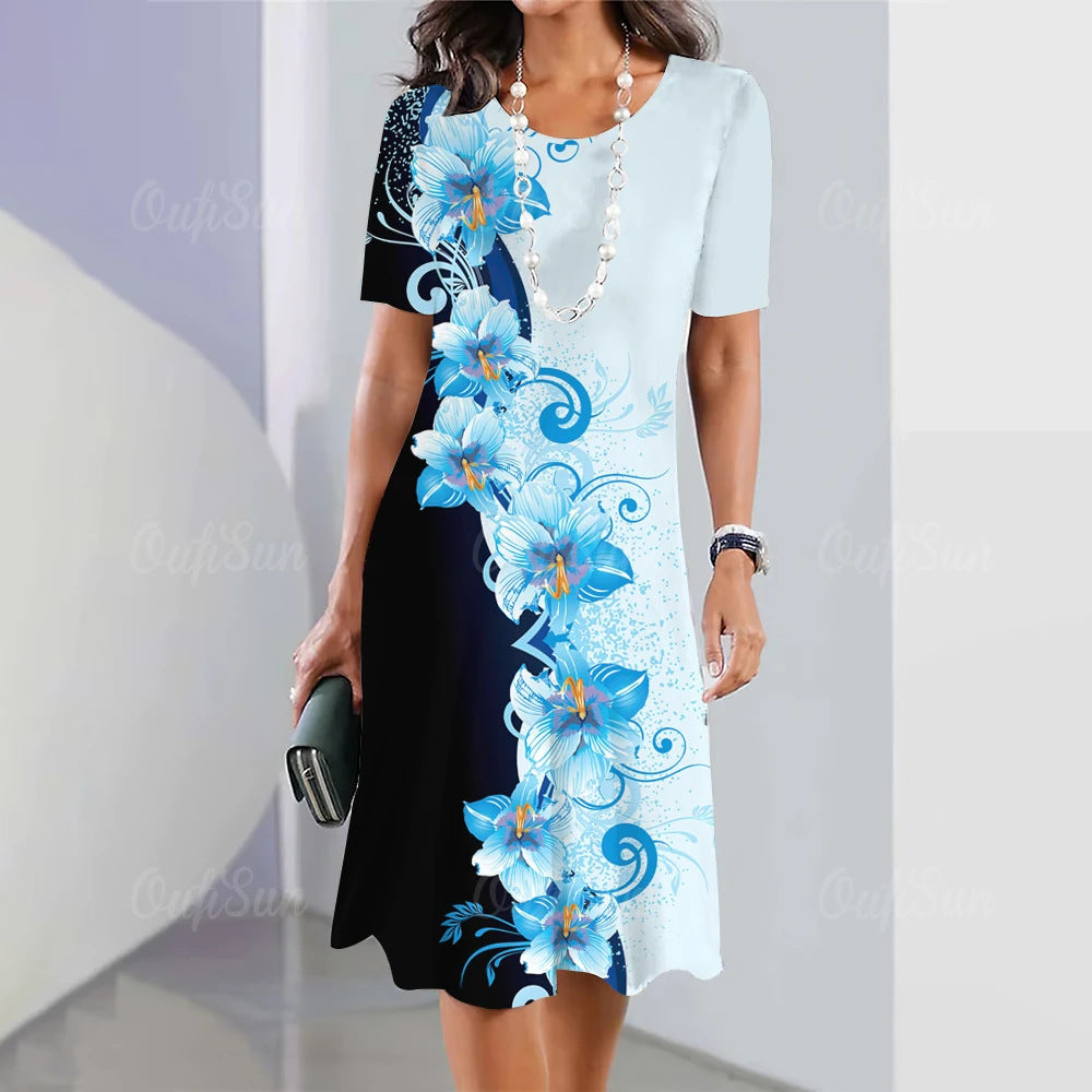 Artistic Floral-print Short-sleeve Outfit Elegant Loose-fitting Dress