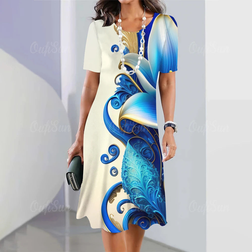 Artistic Floral-print Short-sleeve Outfit Elegant Loose-fitting Dress