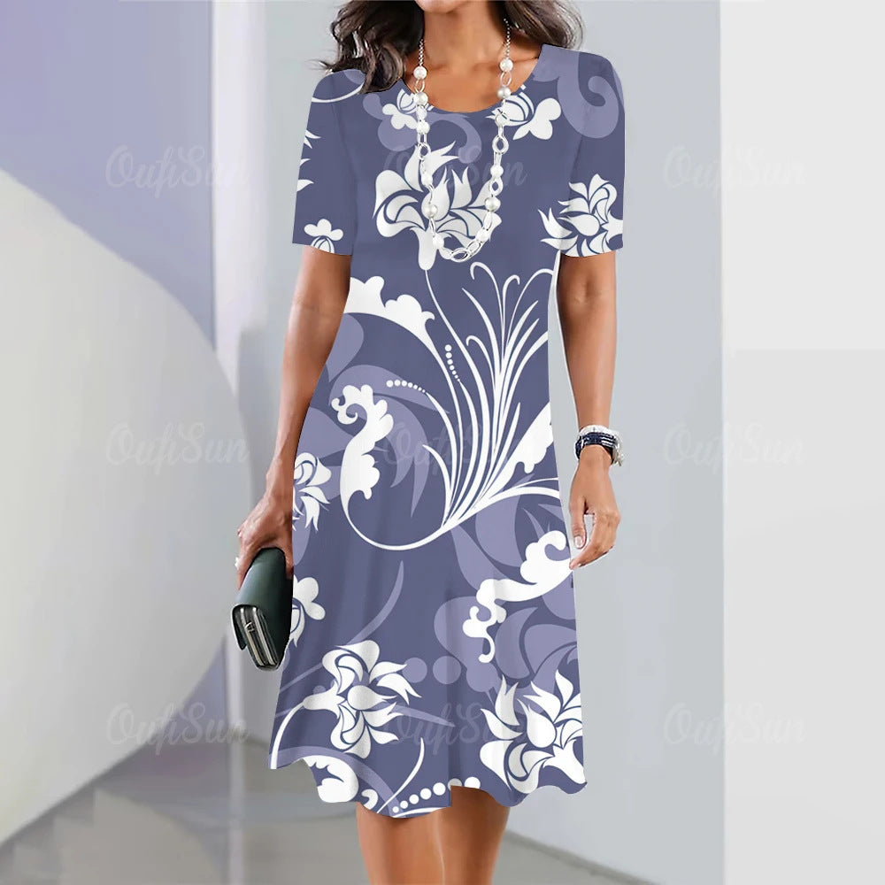Artistic Floral-print Short-sleeve Outfit Elegant Loose-fitting Dress